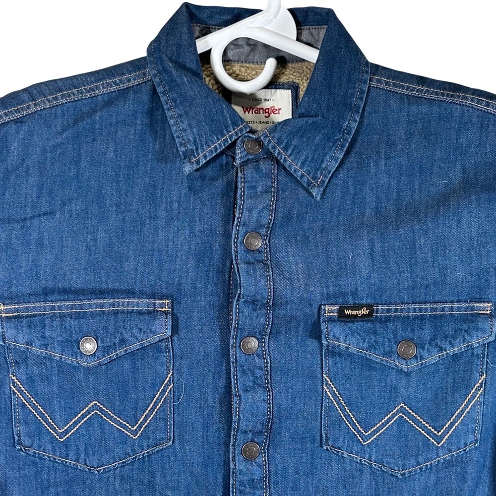 Wrangler Mens Blue Denim Sherpa Lined Western Snap Shirt‎ Jacket Small